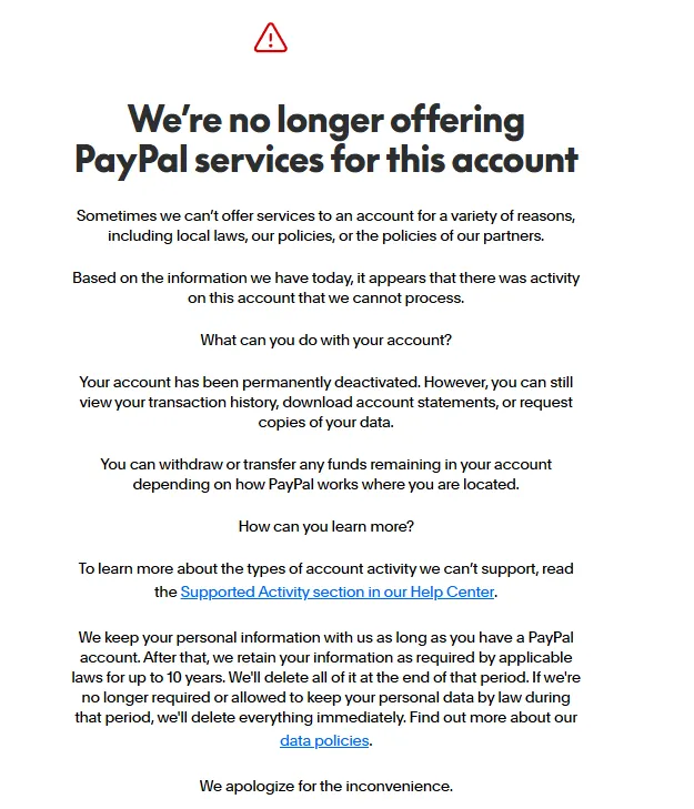 PayPal permanent account ban notice