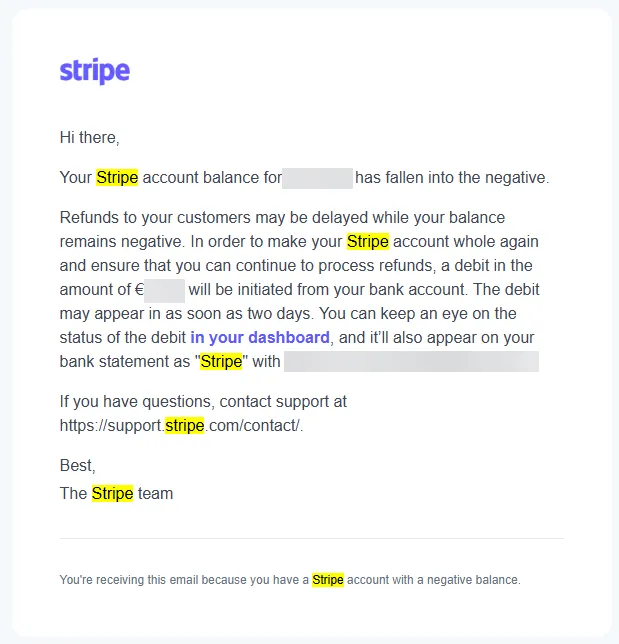 Stripe negative balance debit notice